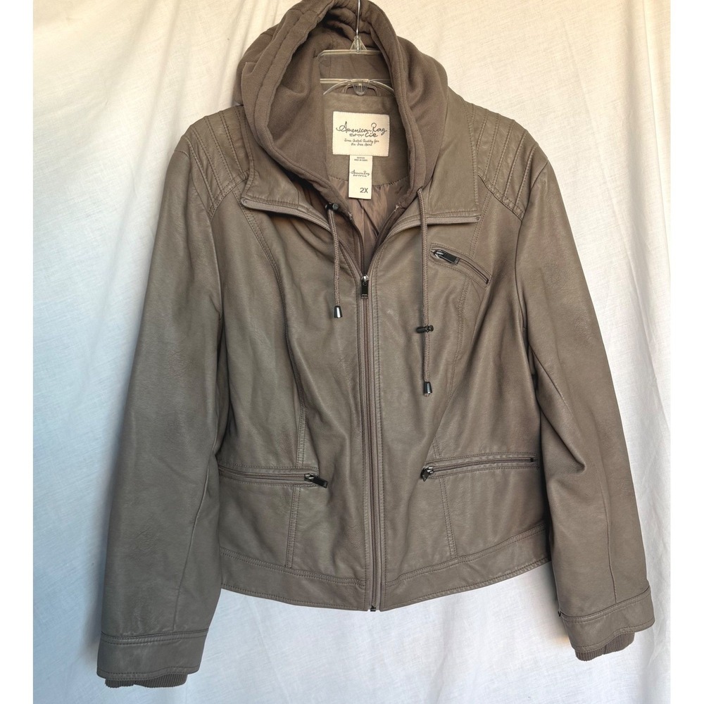 American Rag Moto Jacket Taupe Faux Leather Hooded Layered Crop XL 2X